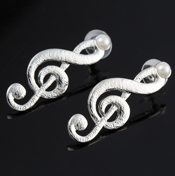 Musical Notation Pearl Stud Earrings - New Women Luxury Silver Plated